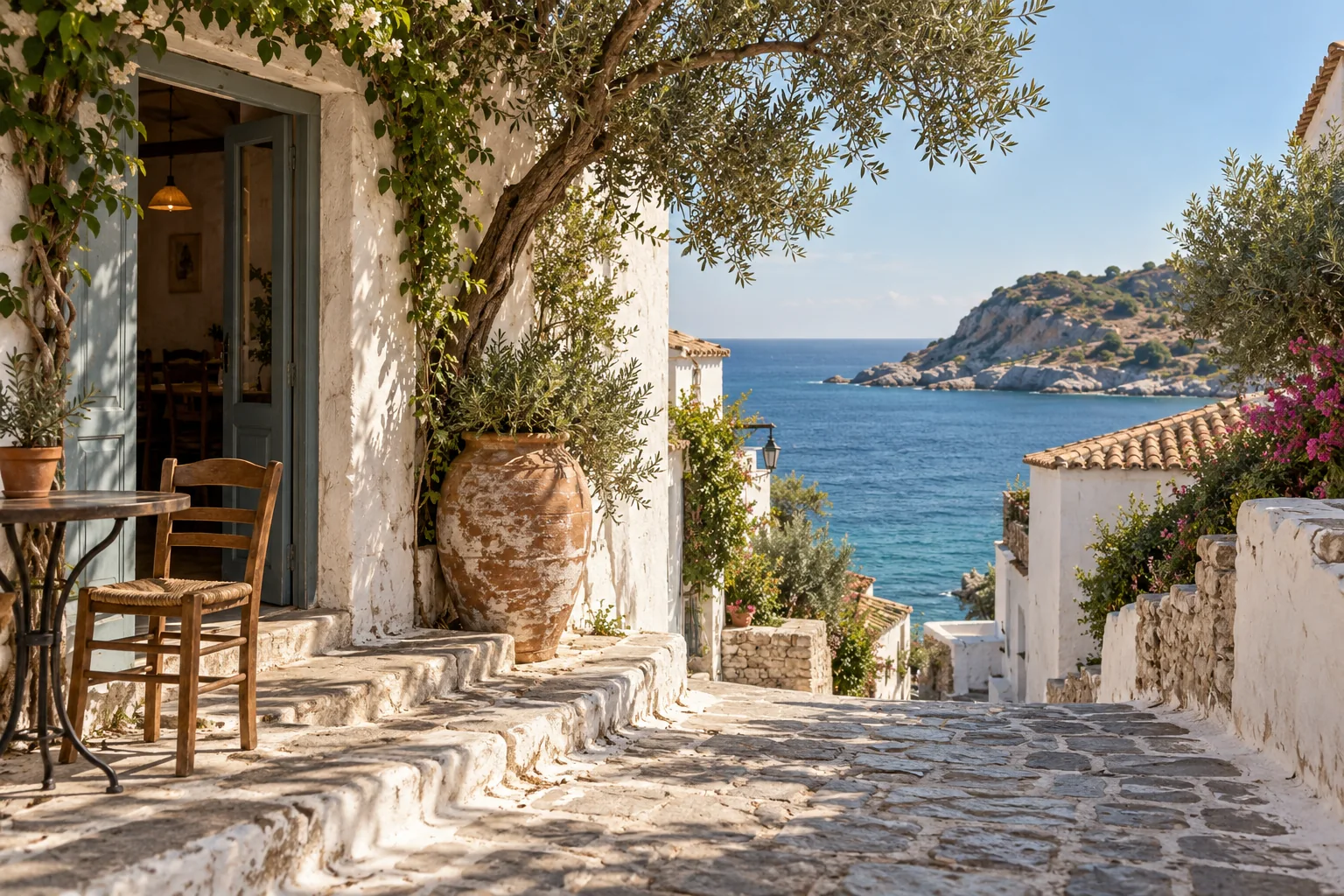 A whitewashed lane leading towards the Mediterranean sea