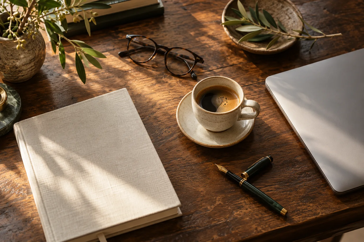 A cream notebook, coffee and a laptop on a walnut writing desk