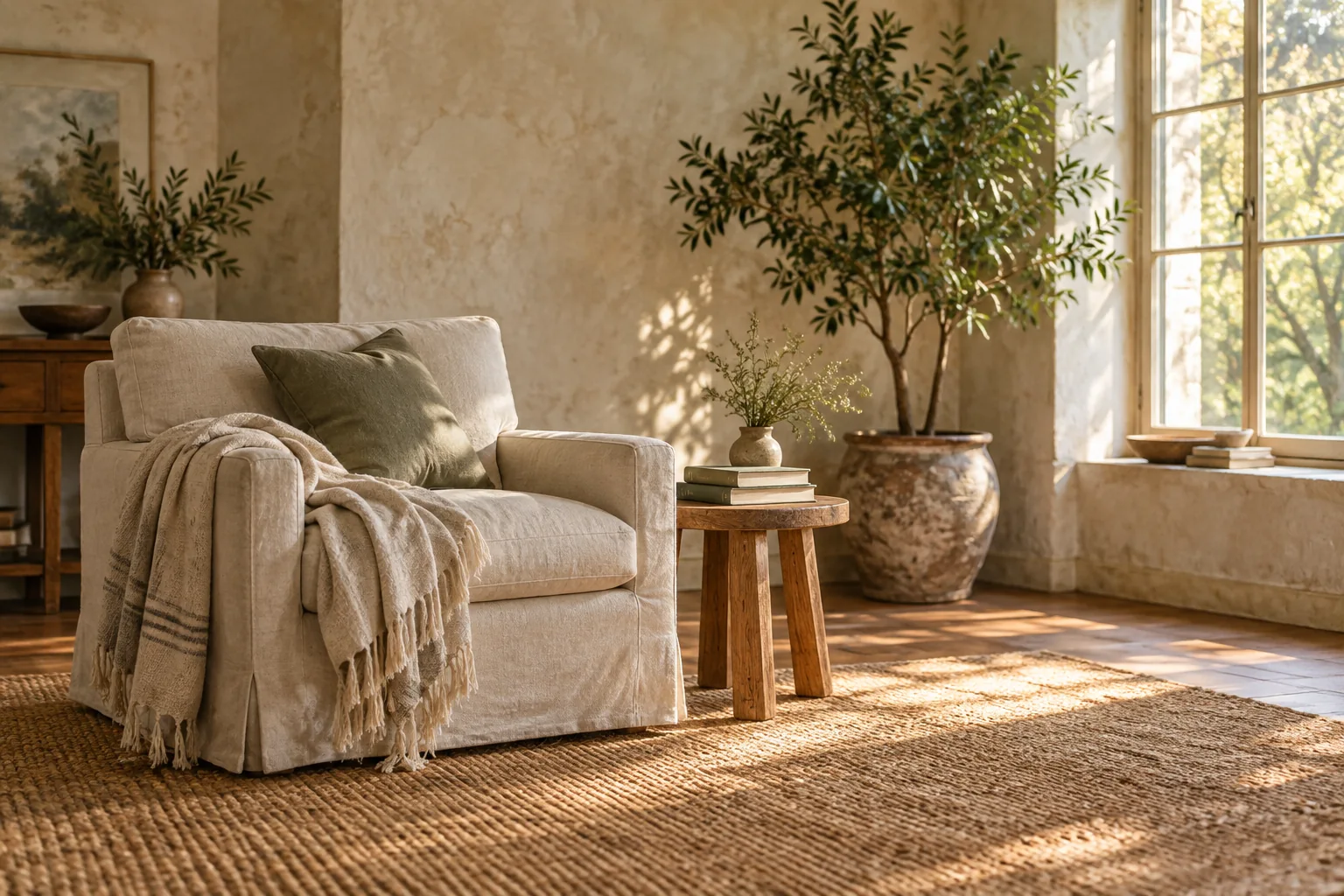 A linen chair and a leafy plant in a sunlit room