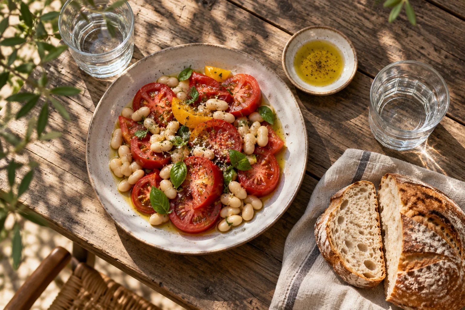 A simple lunch of tomatoes, white beans and bread on a garden table