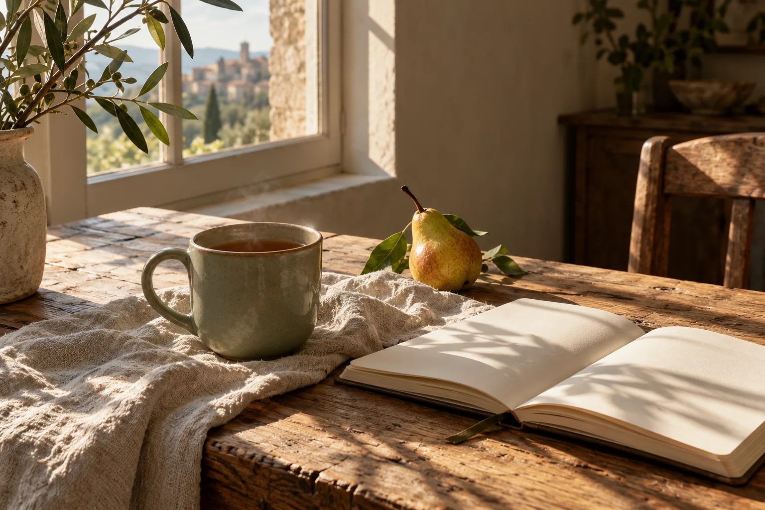 Tea and an open notebook in soft morning window light