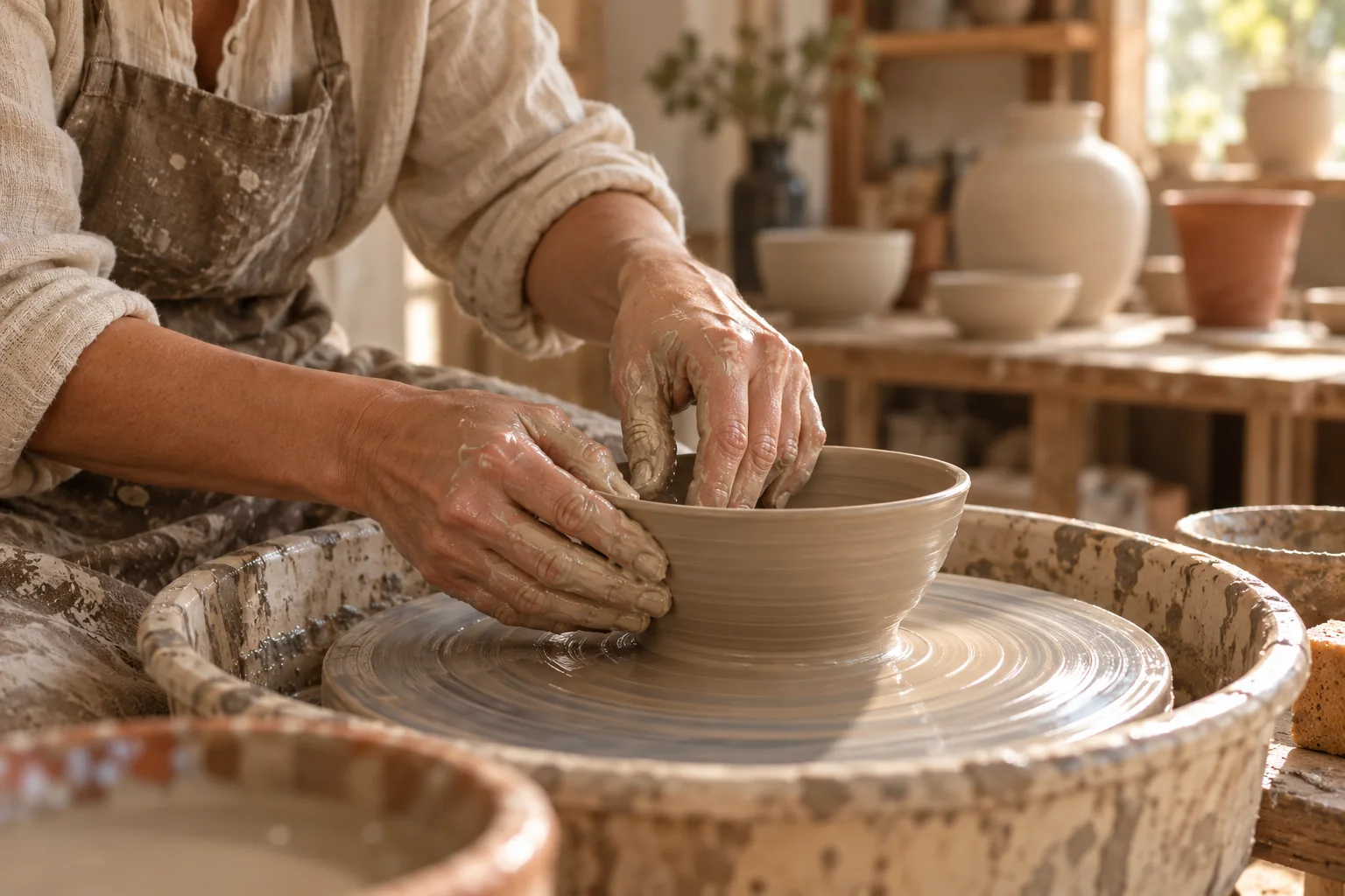 Hands shaping a small clay bowl on a pottery wheel
