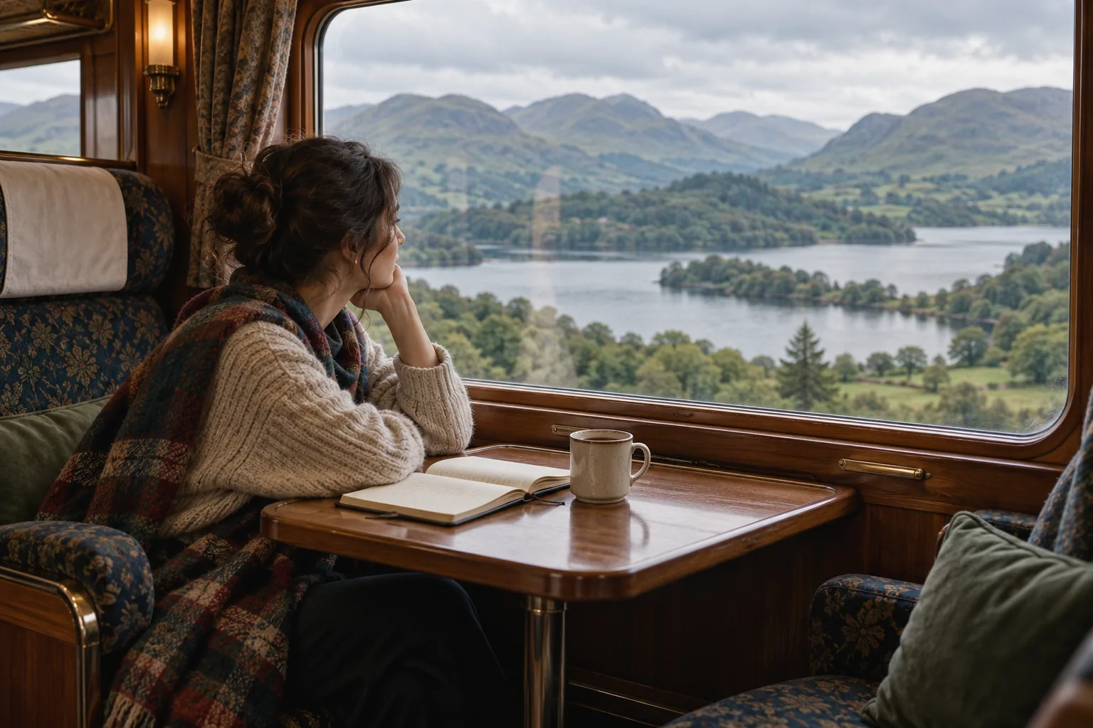 A notebook and coffee beside a train window overlooking green hills