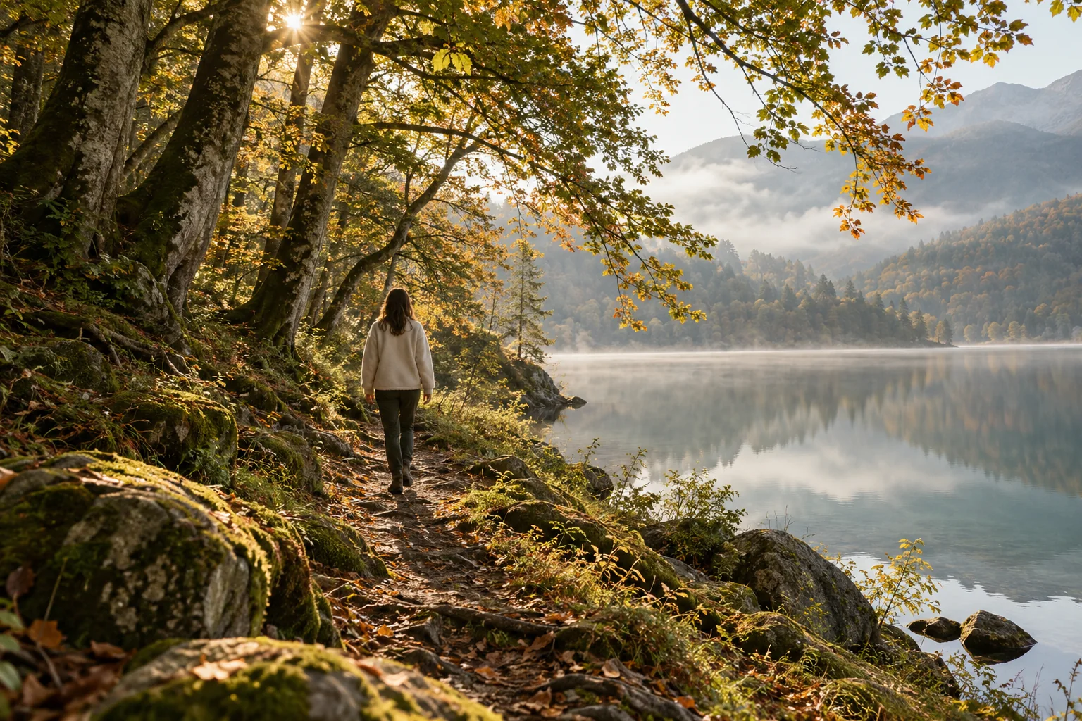 A quiet wooded path beside a calm lake